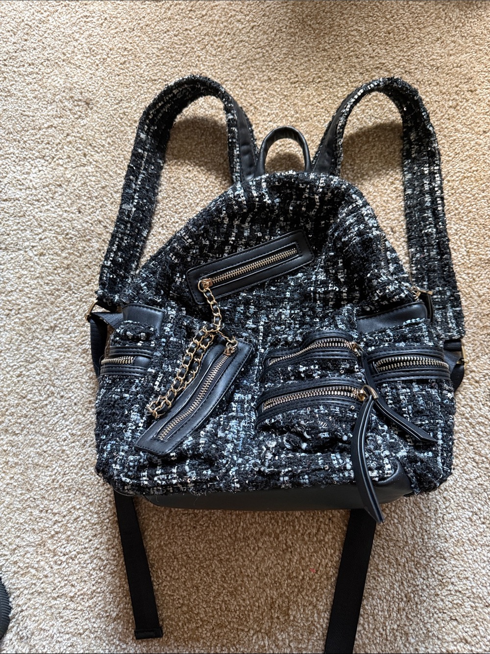 Black Tweed Multi-Zip Backpack - Women Bags